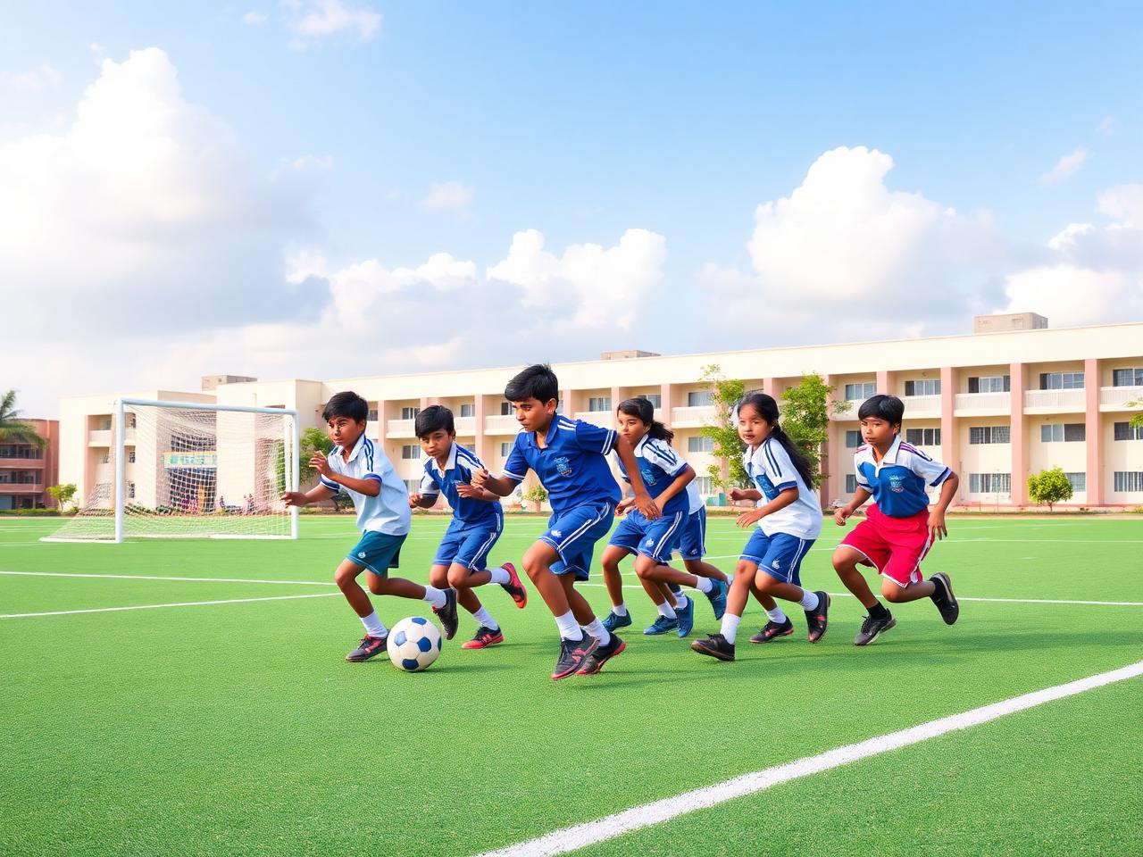 Students playing football on the playground